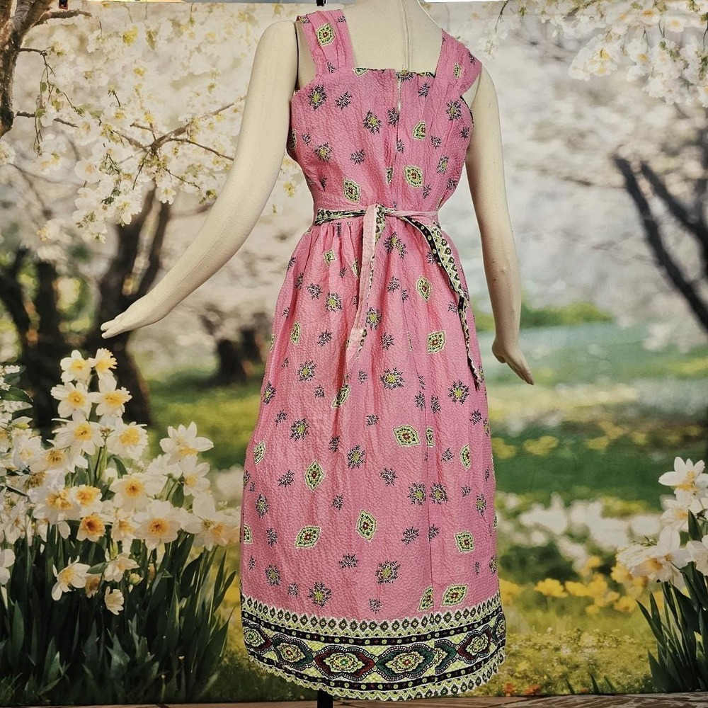 Vintage 1950s Searsucker Bright Pink & Green Floral Dress Lace Trim Sleeveless - Picture 3 of 8